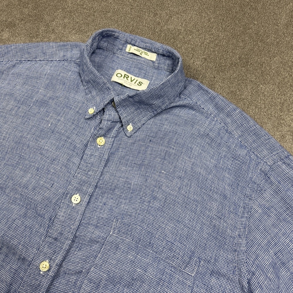 Orvis Mens Linen Button Up Shirt XL Blue Houndstooth Short Sleeve Summer